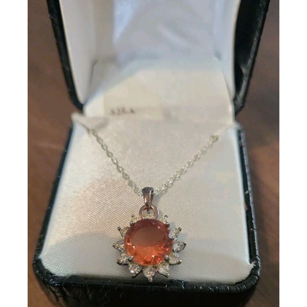 silver necklace W/peach sunstone pendant surrounded by a halo of Accent Stones - Picture 2 of 5